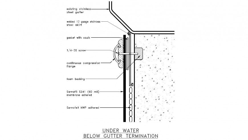 Under water below gutter termination detail drawing in dwg AutoCAD file.