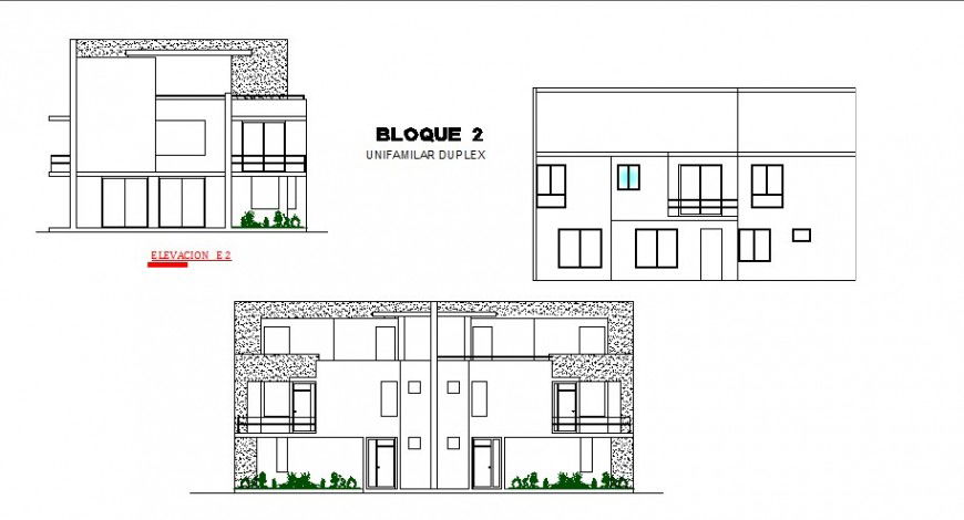 Uni-familiar duplex house all sided elevation cad drawing details dwg file