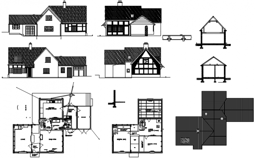 Uni-familiar house all sided elevations, section and floor plan drawing details dwg file