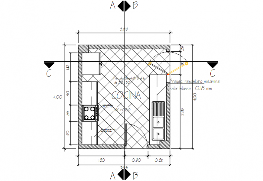 Uni-familiar kitchen layout plan with furniture cad drawing details dwg file