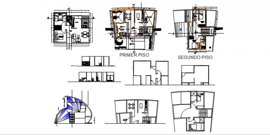 Uni-family house elevation, section and floor plan cad drawing details dwg file