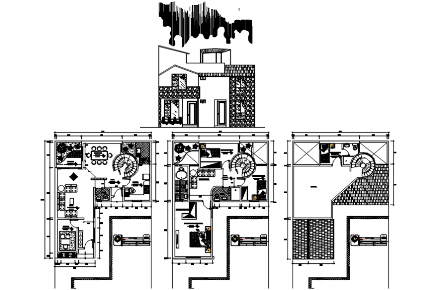 Uni familiar house main elevation and floor plan cad drawing details dwg file