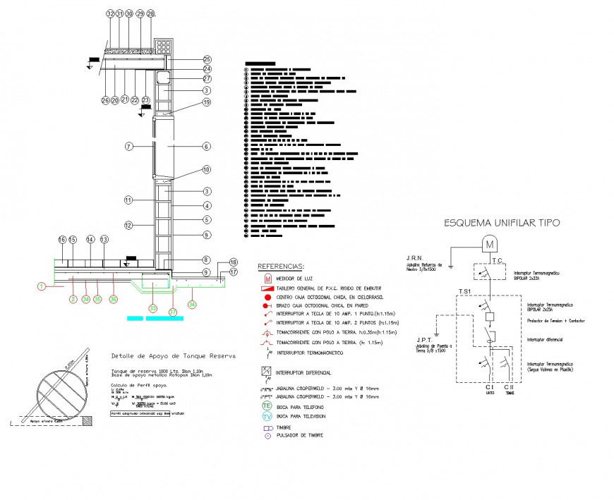 Unifilar diagram and wall section plan autocad file