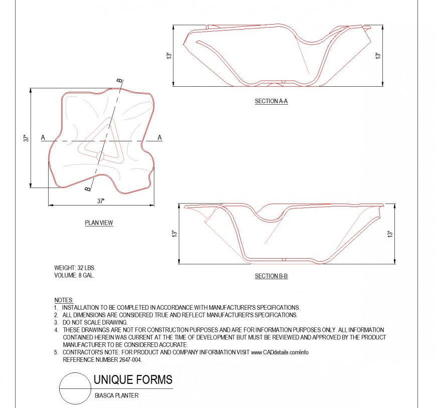 Unique forms plan and section dwg file