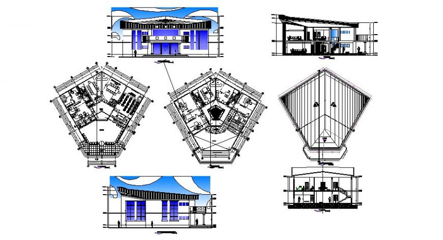 University administrative department elevation, section and floor plan cad drawing details dwg file