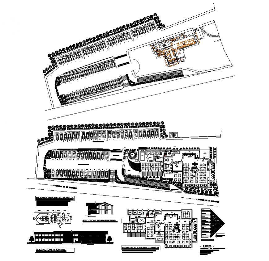 University building detail plan, section and elevation 2d view layout file