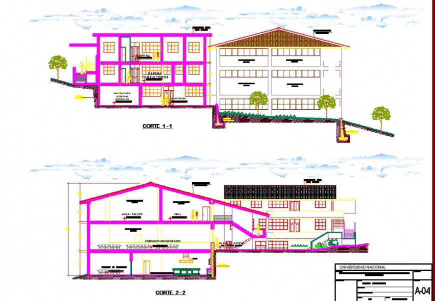 University building section drawing in dwg file.
