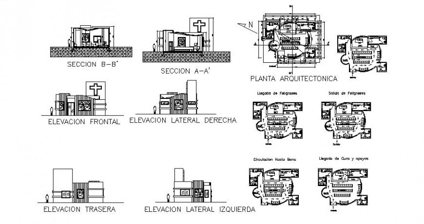 University chapel hostel with circulation plan, elevation and section in auto cad