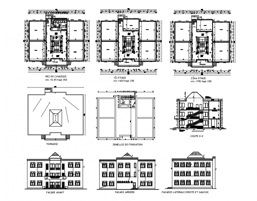 University elevations, sections and floor plan details with terrace cad drawing details dwg file