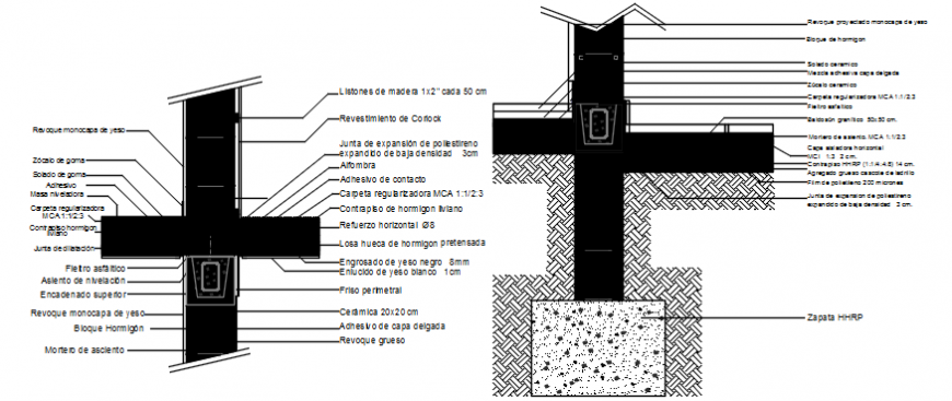 Uplift wall footings and constructive structure drawing details dwg file