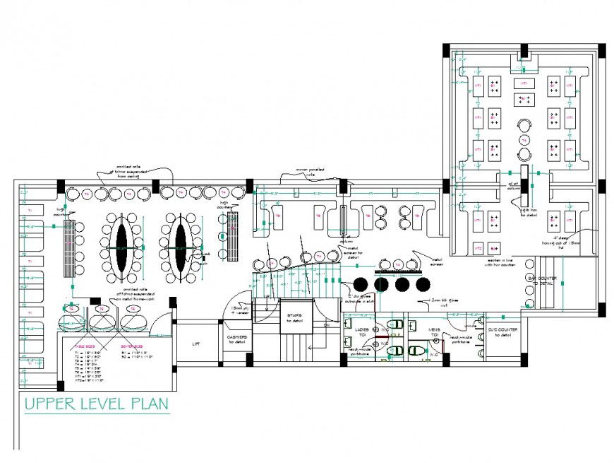 Upper level plan of restaurant planning layout file