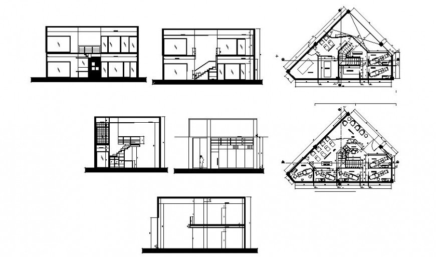 Urban clinic elevation, section and floor distribution plan cad drawing ...