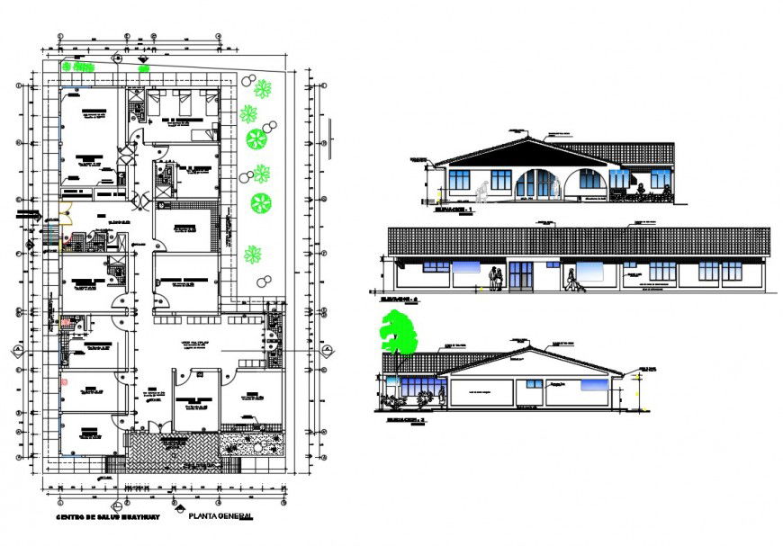 Urban health center all sided elevation and plan details dwg file