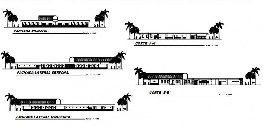 Urban hospital all sided elevation and section drawing details dwg file
