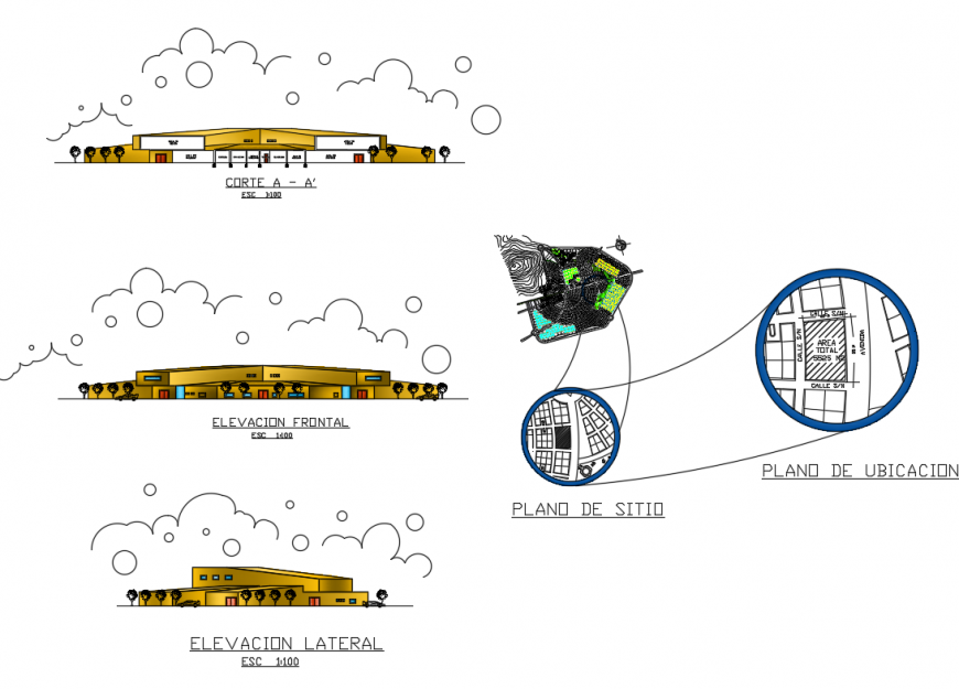 Urban market all sided elevation and site plan details dwg file