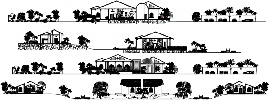 Urban restaurant all sided elevation and section cad drawing details dwg file