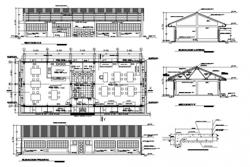 Urban restaurant elevation, section and plan cad drawing details dwg file