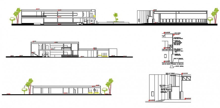 Urban restaurant elevation, section and structure drawing details dwg file