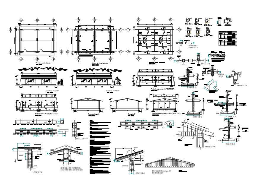 Urban school elevation, section and constructive structure details dwg file