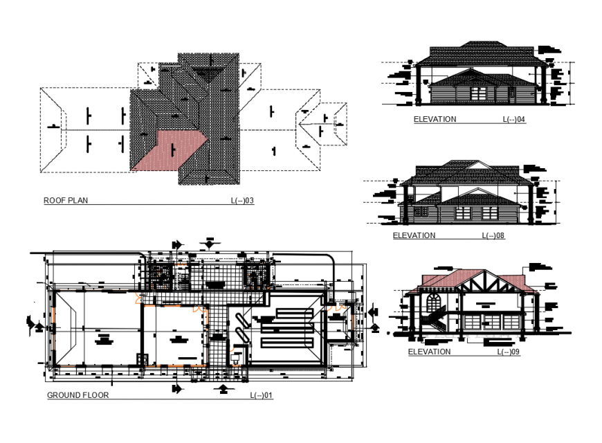 Urban super market elevation, first floor and roof plan details dwg file