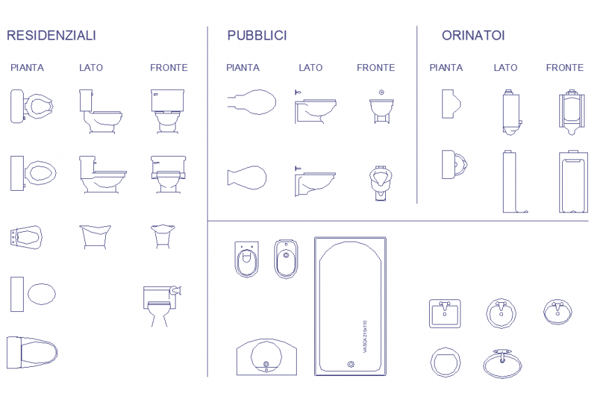 Urinal, water closed and bath tub autocad file