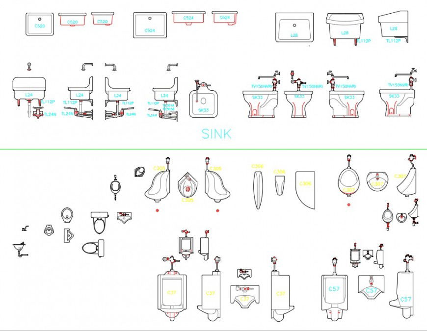 Urinal and sink plumbing sanitary detail dwg file