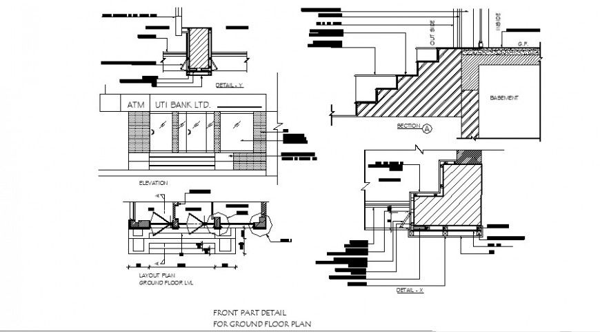 UTI bank constructive section, staircase, layout plan and structure details dwg file