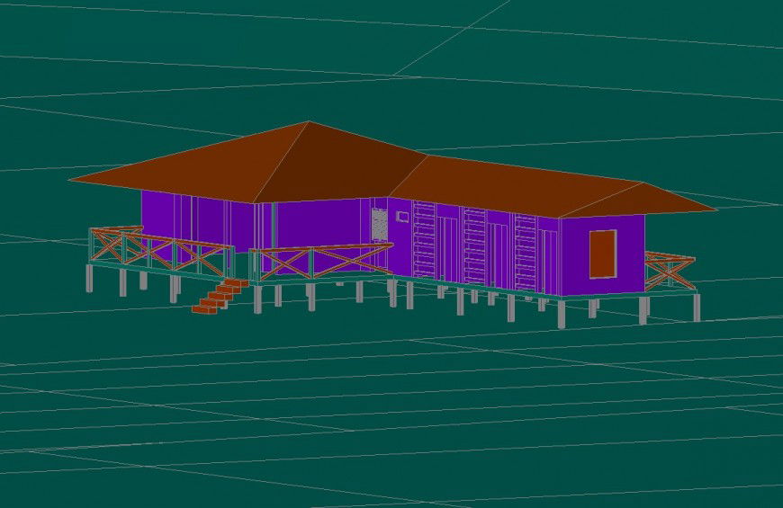 Vacation beach wood house 3d design cad drawing details dwg file