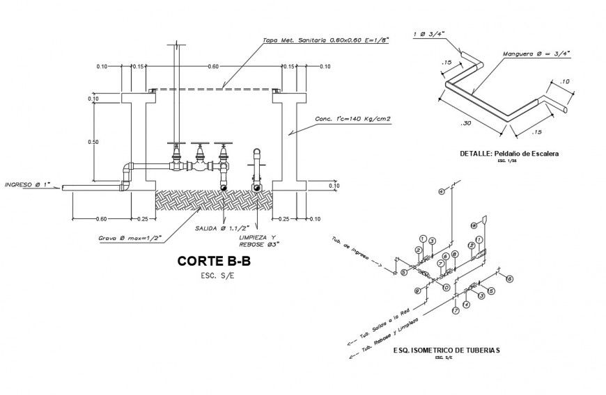 Valve house constructive structure and plumbing details dwg file