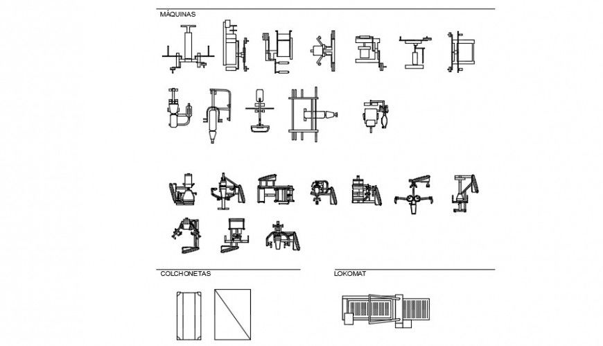 Various 2d blocks gym equipement detail dwg file