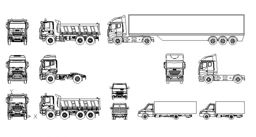 Various heavy loaded vehicle blocks 2d view in autocad