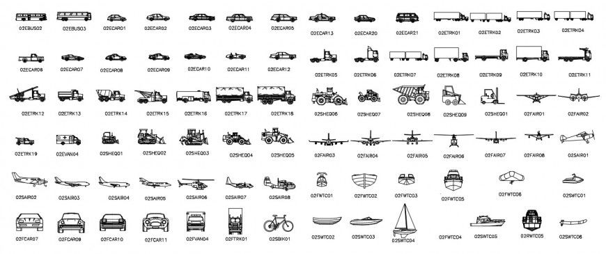 Various road, air and water vehicle blocks drawing details dwg file