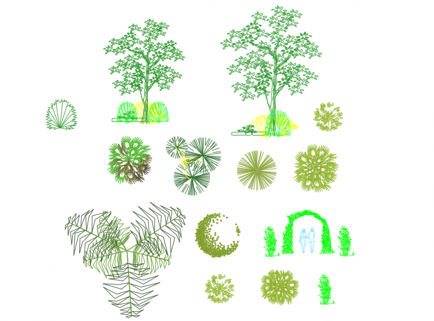 Various trees and plants blocks cad drawing details dwg file
