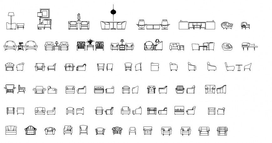 Various types of chair, sofa and living room furniture detailing dwg file