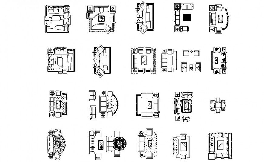 Various types of sofa top view plan detail dwg file