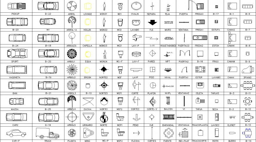 Vehicle , furniture, sign blocks drawing in dwg file.