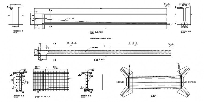 Vehicle bridge all sided section, plan and construction details dwg file