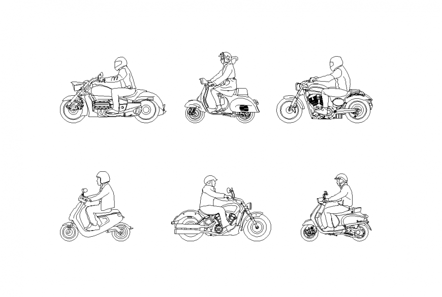 Vehicle different types of bike with biker elevation design dwg file