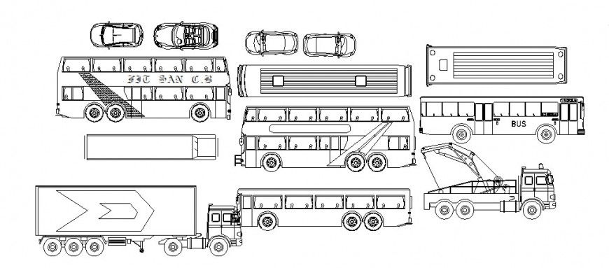 Vehicle plan and elevation of different block in AutoCAD software