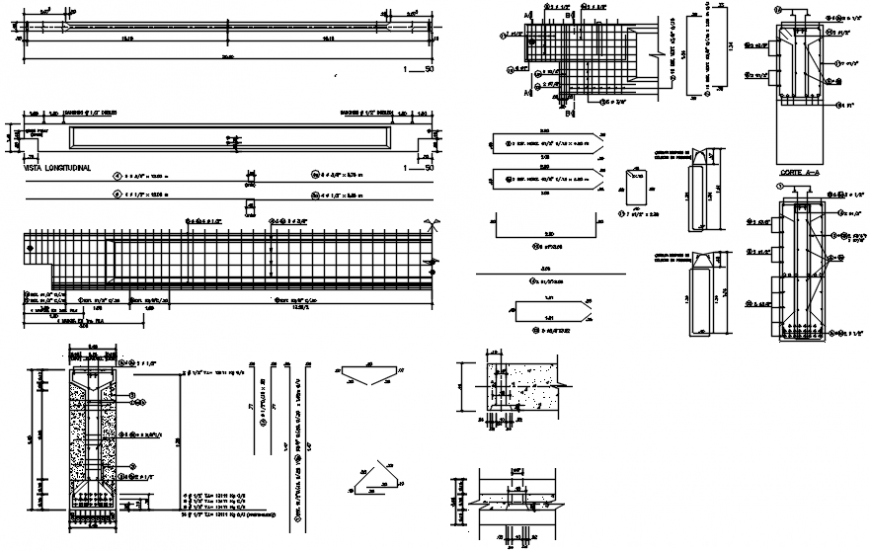 Vehicular bridge cut sections, plan and construction details dwg file
