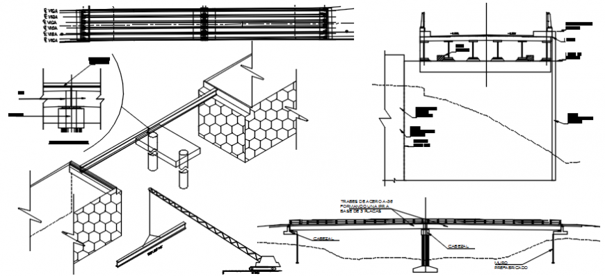 Vehicular bridge elevation, all sided section and construction details dwg file