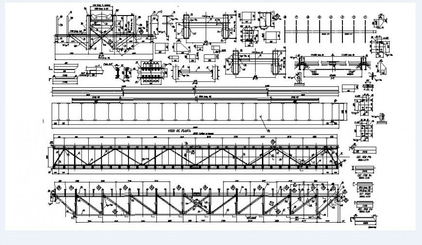 Vehicular bridge elevation, section and constructive structure drawing details dwg file