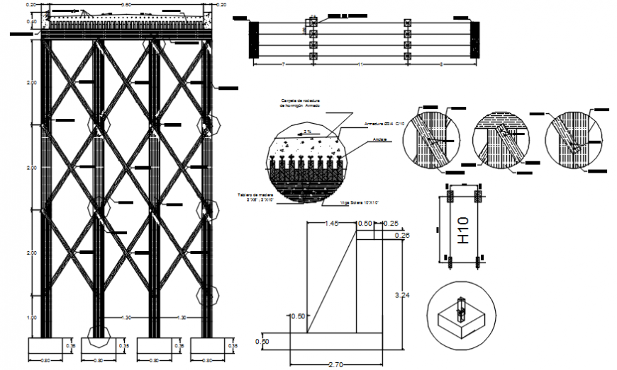 Vehicular bridge footing sections, structure and construction details dwg file