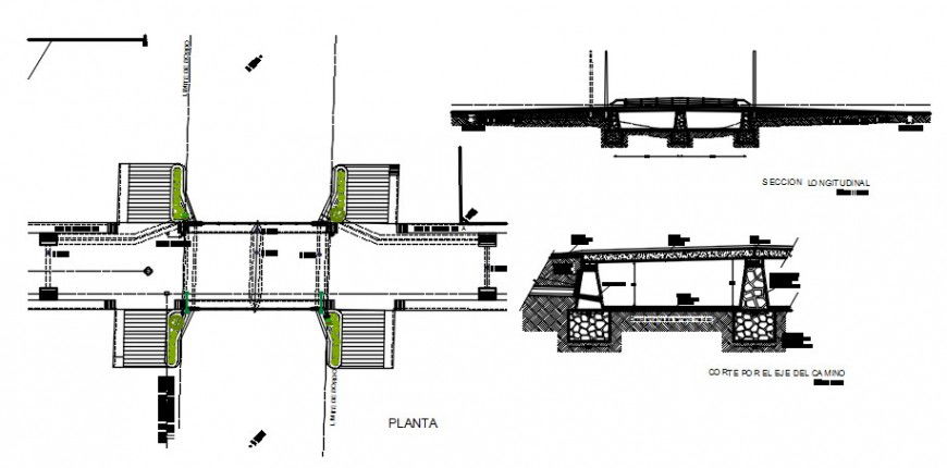 Vehicular bridge longitudinal and column section and plan cad drawing details dwg file