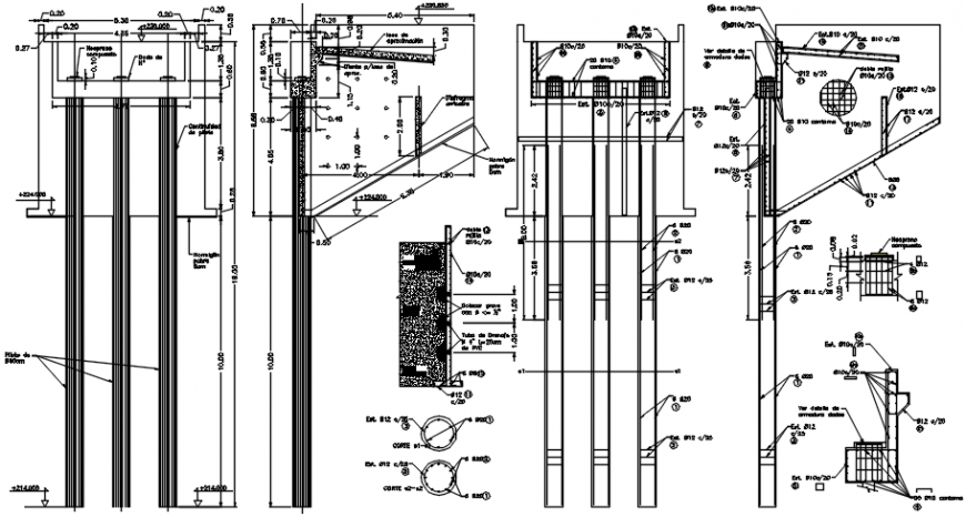Vehicular bridge pillars, section and construction details dwg file