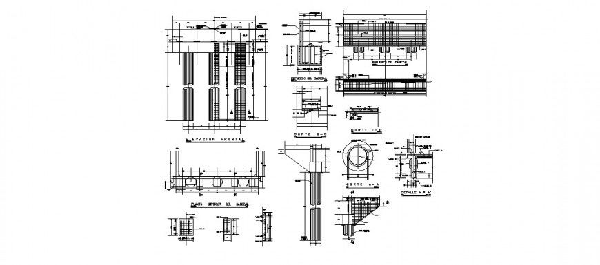 Vehicular bridge pillars and constructive structure drawing details dwg file