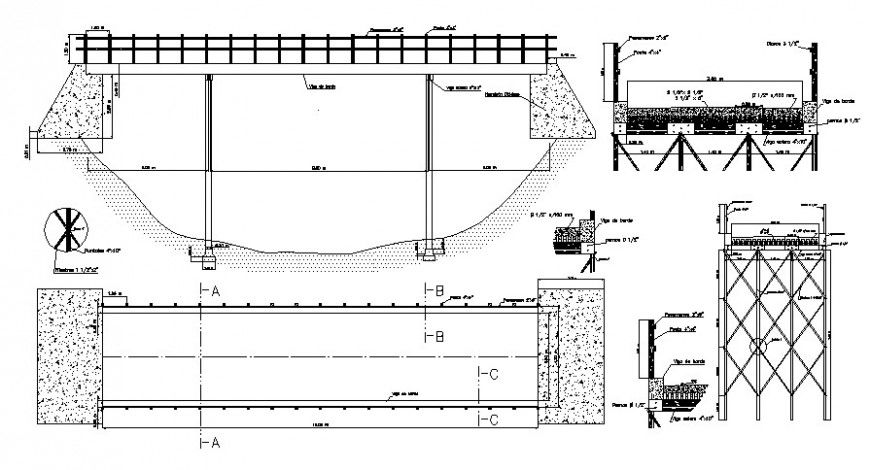 Vehicular river over bridge section and constructive structure drawing details dwg file
