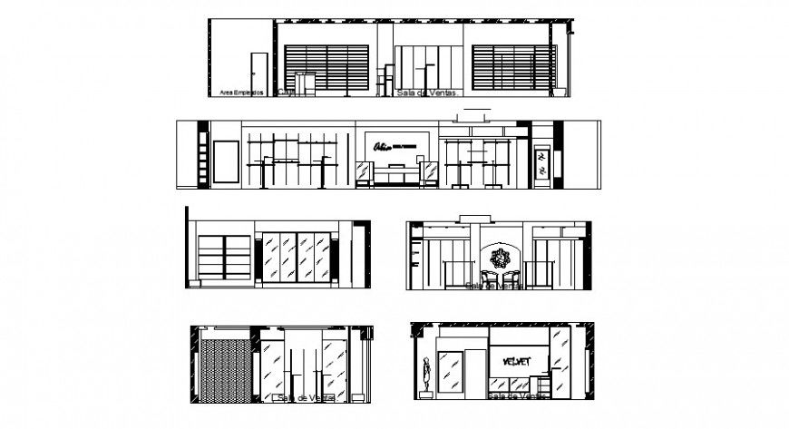 Velvet boutique elevation detail drawing in dwg AutoCAD file.