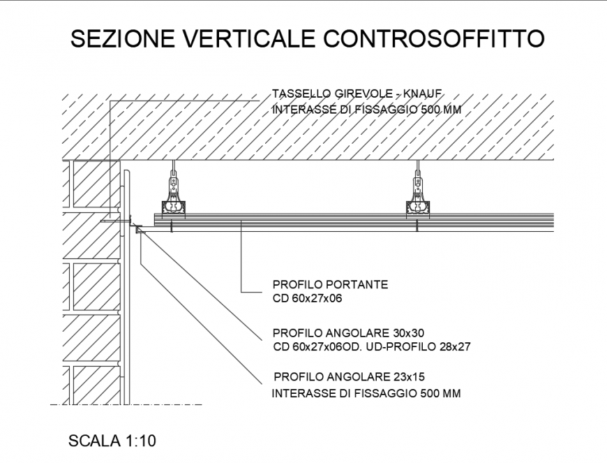 Vertical section details of office counter ceiling structure dwg file
