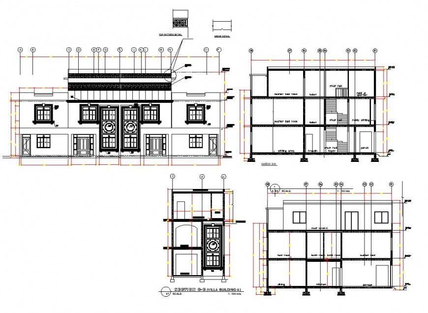 Villa building elevation and section autocad file